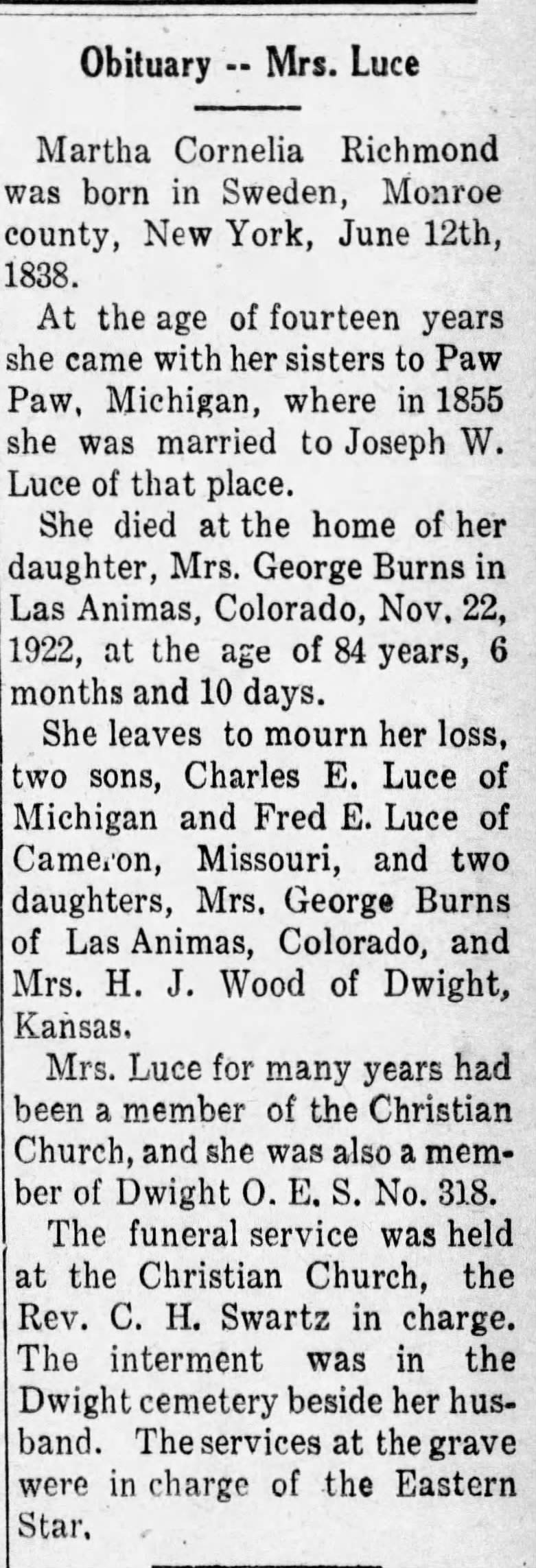 Obituary for Luce Martha Cornelia Richmond