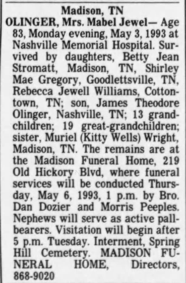 Obituary of Mabel Jewell Deason