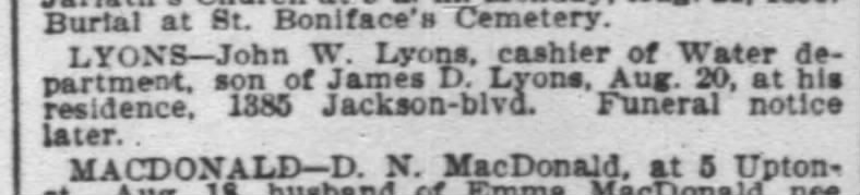 john lyons death aug. 20, 1899
chicago daily tribune