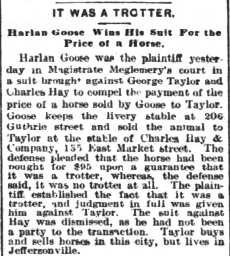 Horse sale by Harlan Goose ends in court.   Feb. 1892