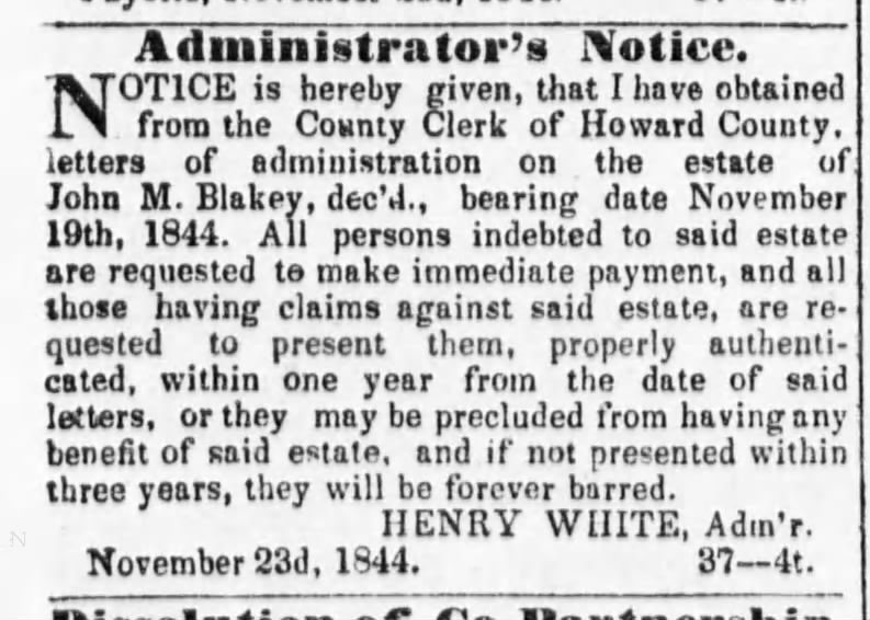 Howard County Missouri News ~ Estate of John M. Blakey