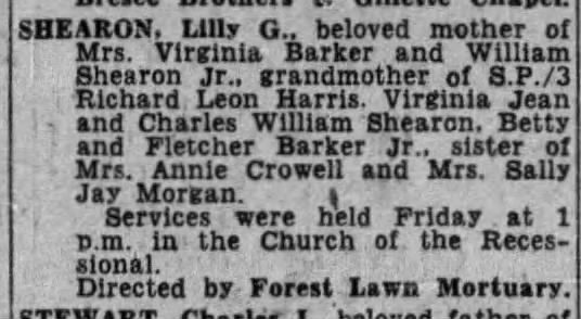 Shearon, Lilly [Gilbert] - Funeral notice