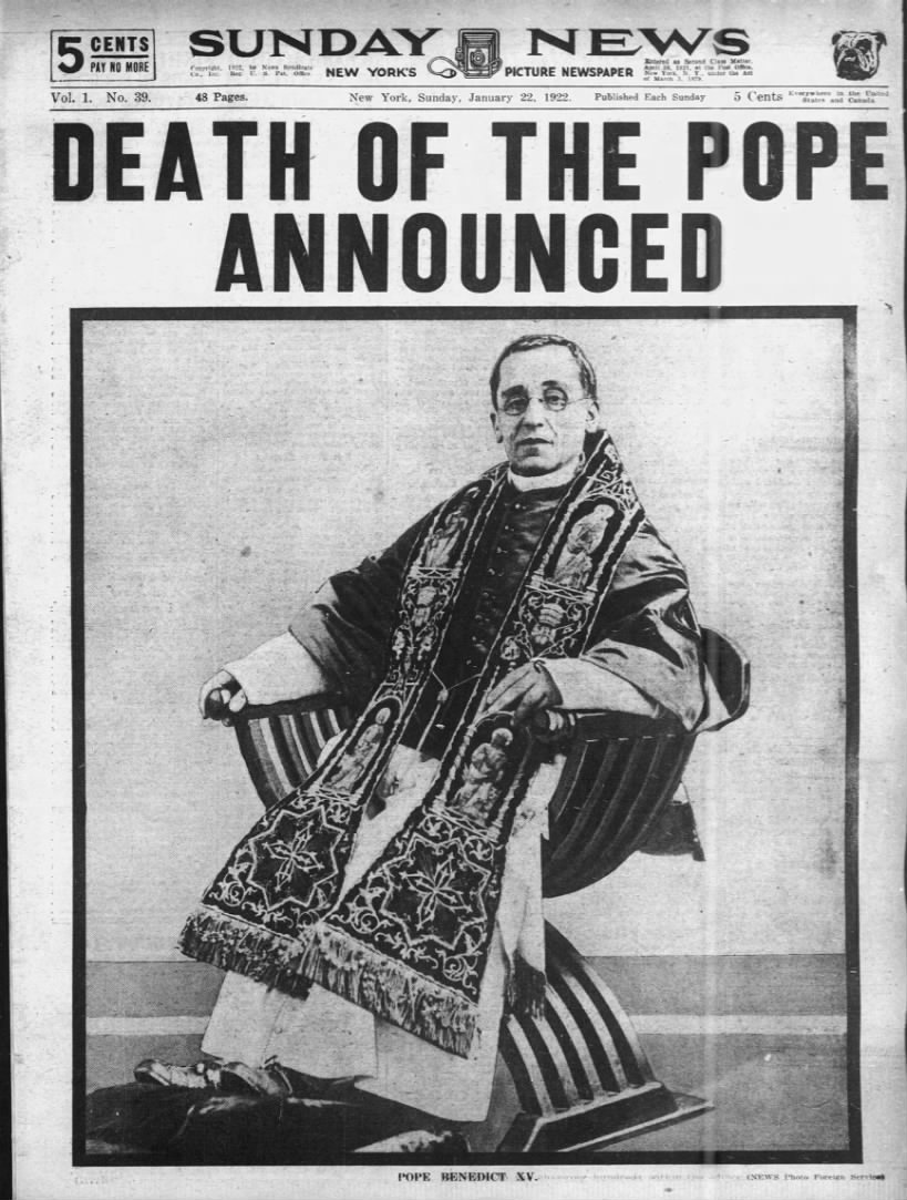 Death of Pope Benedict XV announced