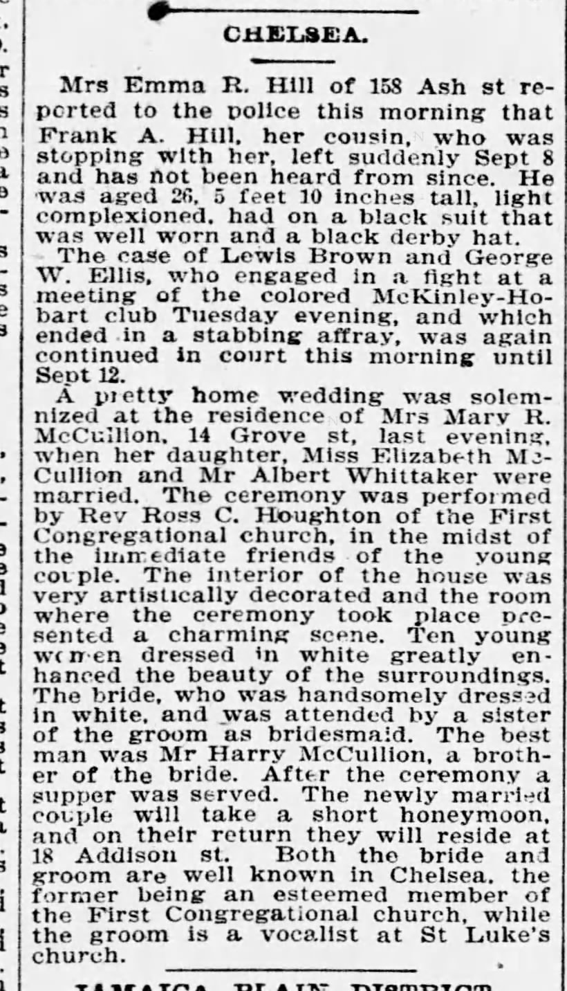 Elizabeth McCullion/Albert Whittaker Wedding, The Boston Globe (MA) Sept 10, 1896