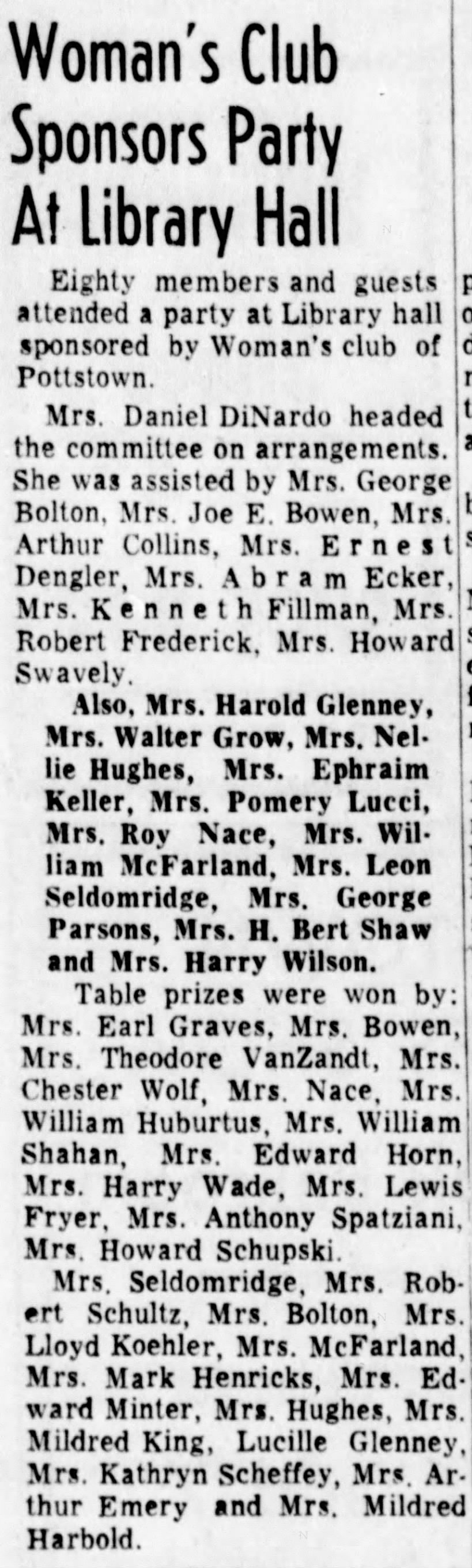 Mrs. George Seldomridge, woman's club sponsors party, Pottstown, PA, 1959