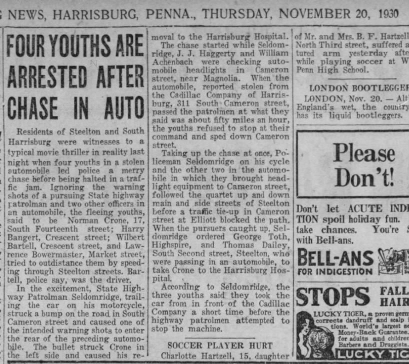 Policeman Seldomridge, stolen car chase, Harrisburg, PA, 1930