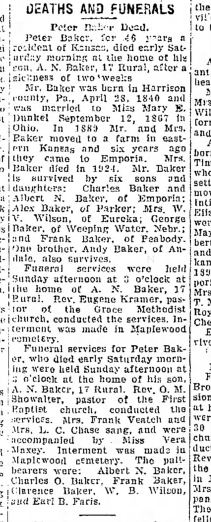 Peter Baker Dead Emporia Gazette 1 April 1926