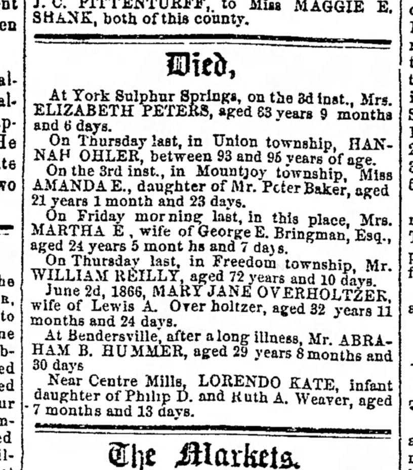 Died Amanda E daughter of Peter Baker 12 June 1866 Adams Sentinel
