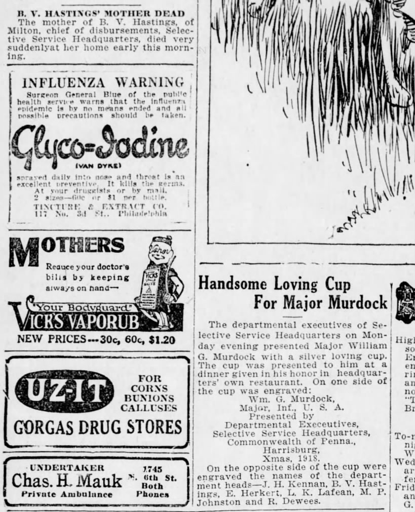 Emma Hastings' death, Murdock honor, Harrisburg Telegraph, 3 Jan., 1919 p. 16.