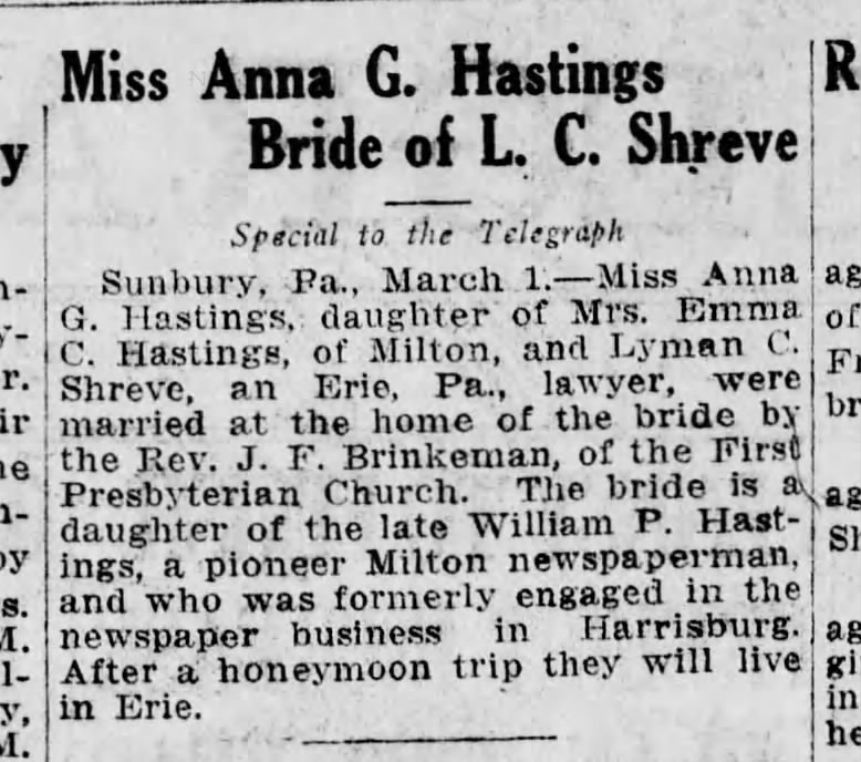 Hastings-Shreve wedding, Harrisburg Telegraph, 1 March, 1916, p. 2.