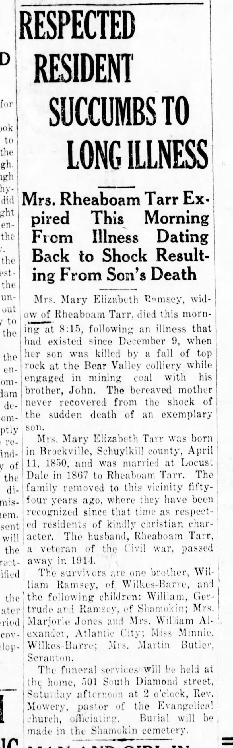 Death of Mary Elizabeth (Ramsey) Tarr, 1923