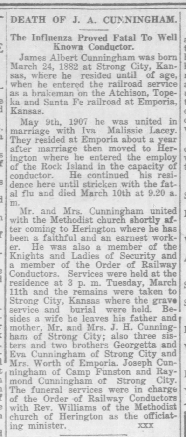 Obituary for James Albert Cunningham 1919