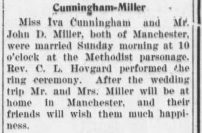 Marriage of Iva Cunningham to John Miller 1921