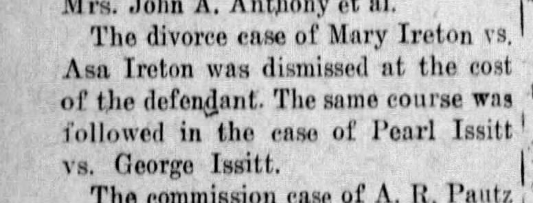Divorce case Pearl Issitt vs. George Issitt dismissed - 1919