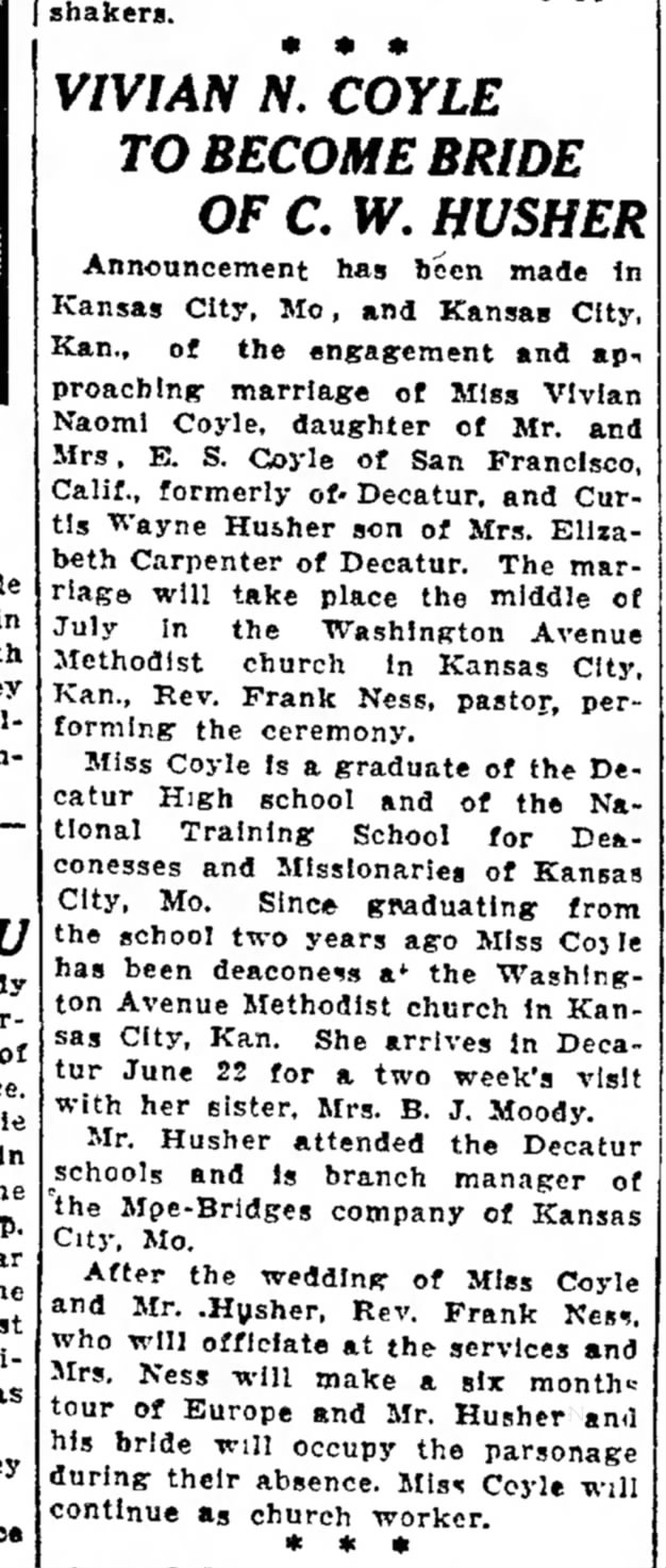 Vivian marries Curtis Husher
Decatur Review 12 June 1926
