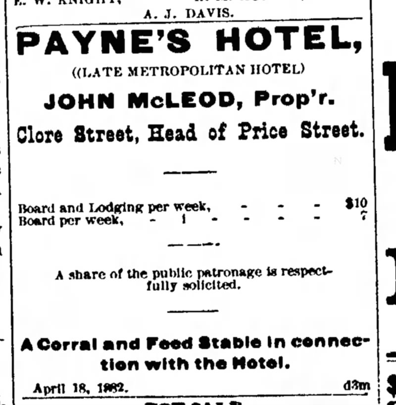 Payne's Hotel owned by John McLeod in 1882