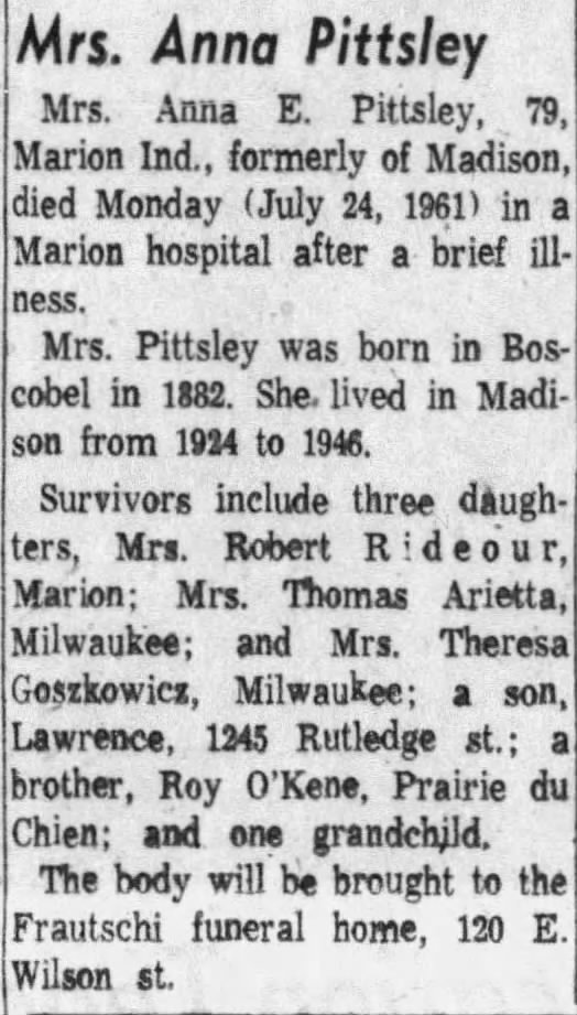 Obituary for Anna E. Pittsley, 1882-1961 (Aged 79)