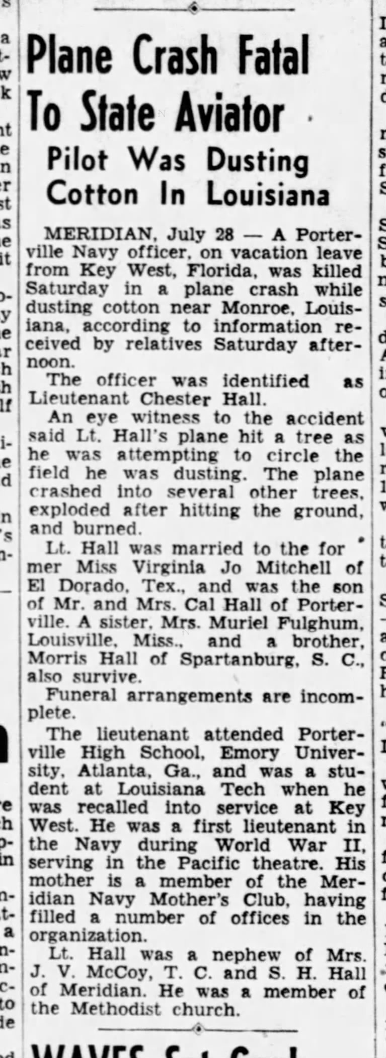 William Chester Hall Death report Clarion Ledger 1951