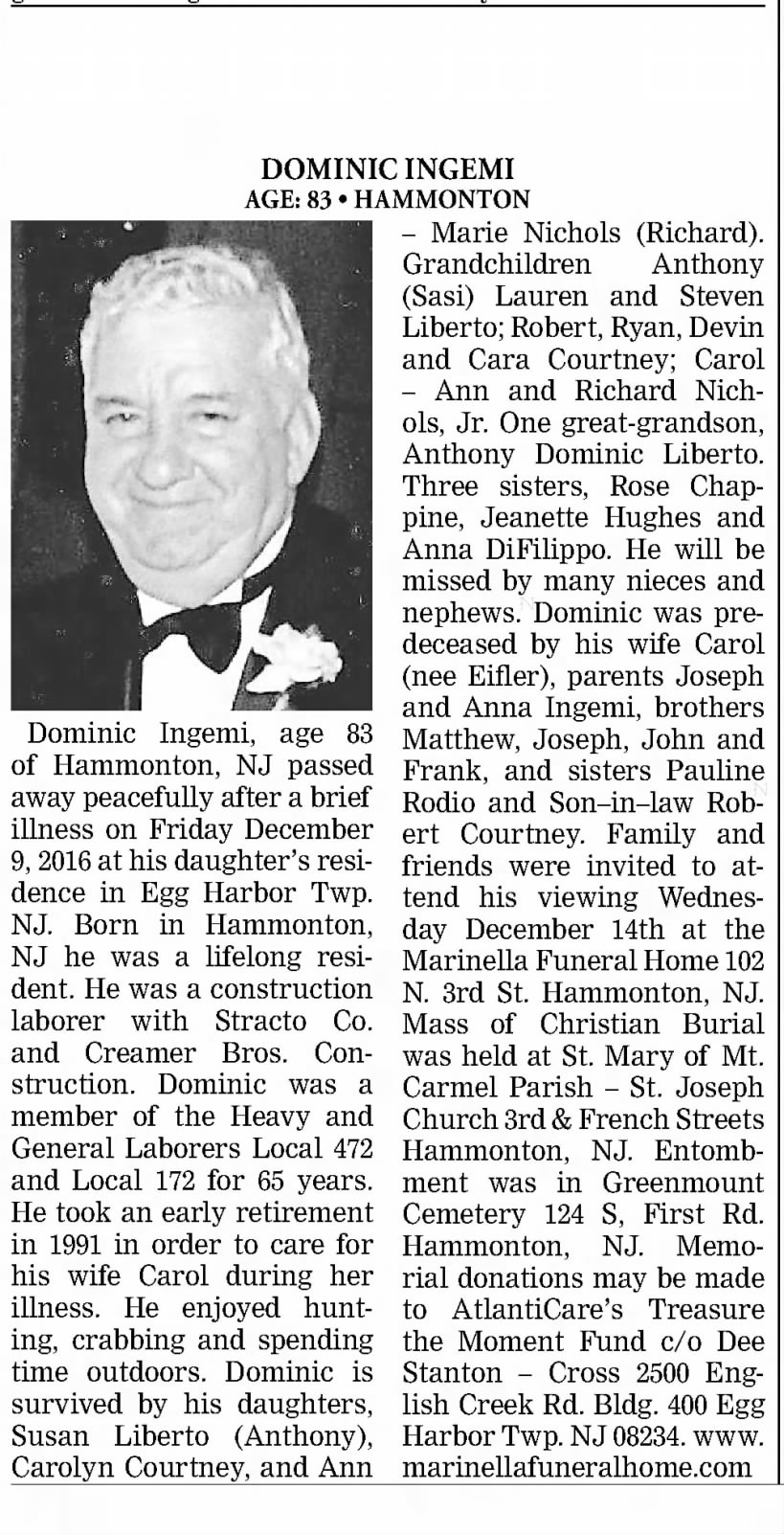 Obituary for DOMINIC INGEMI