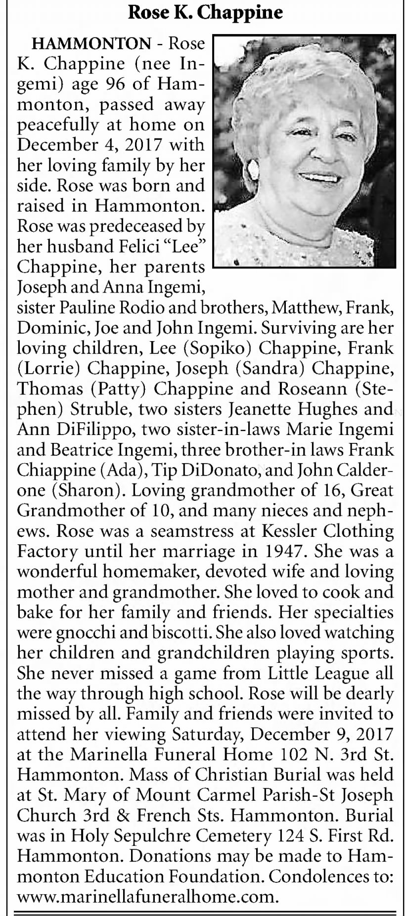 Obituary for Rose K. Chappine