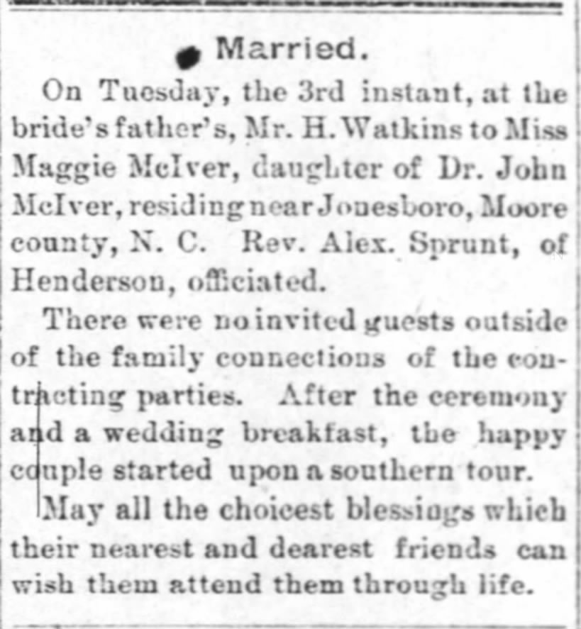 Marriage announcement, Henry T. and Maggie McIver Watkins
