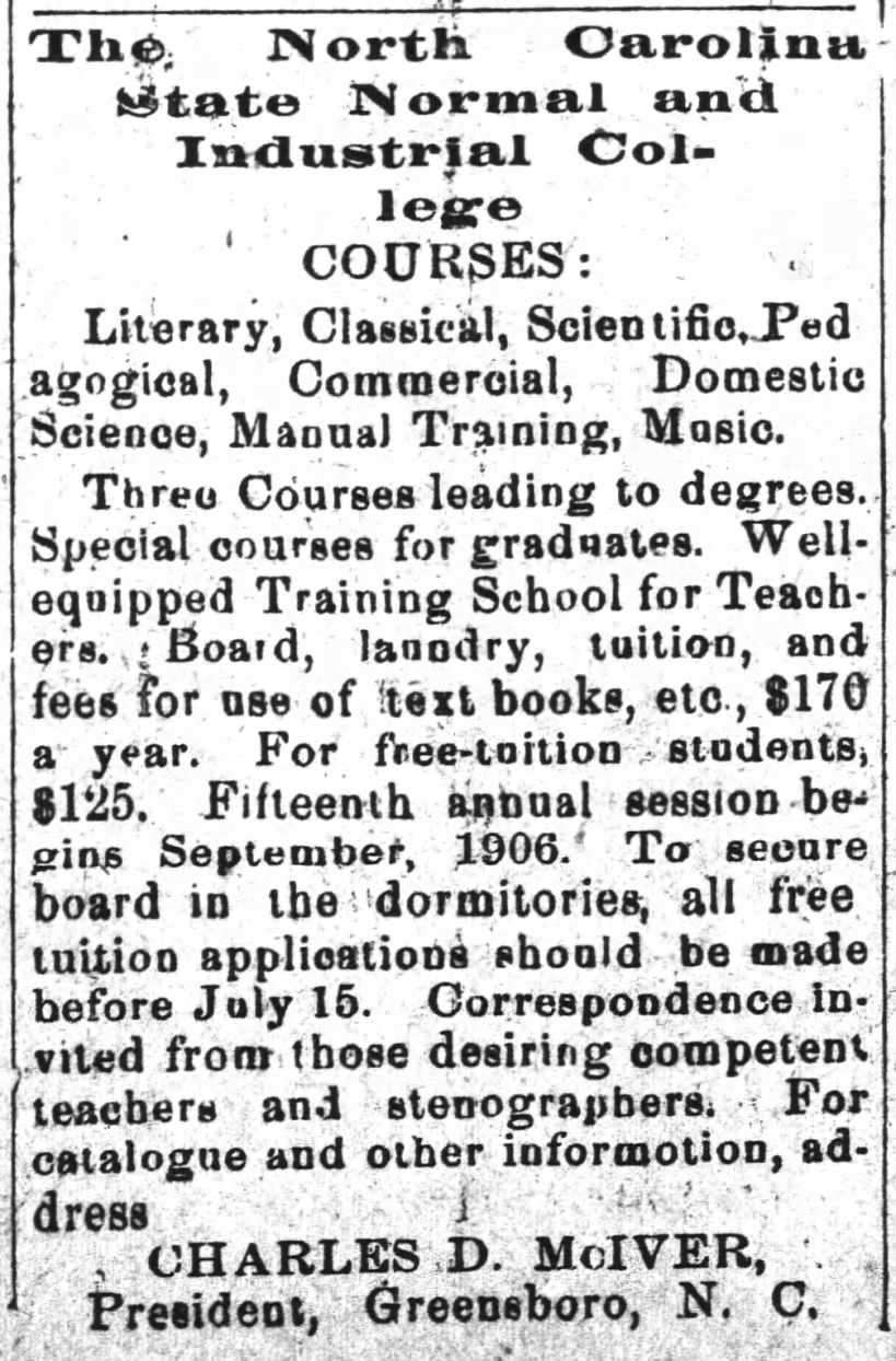 NC State Normal and Industrial College, 1906 newspaper ad