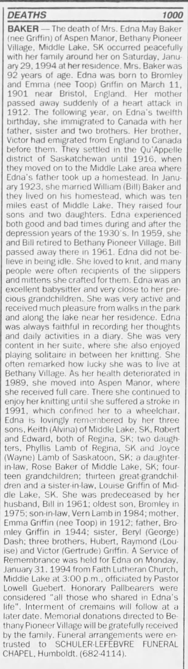 Obituary for Edna May BAKER, 1901-1994 (Aged 92)