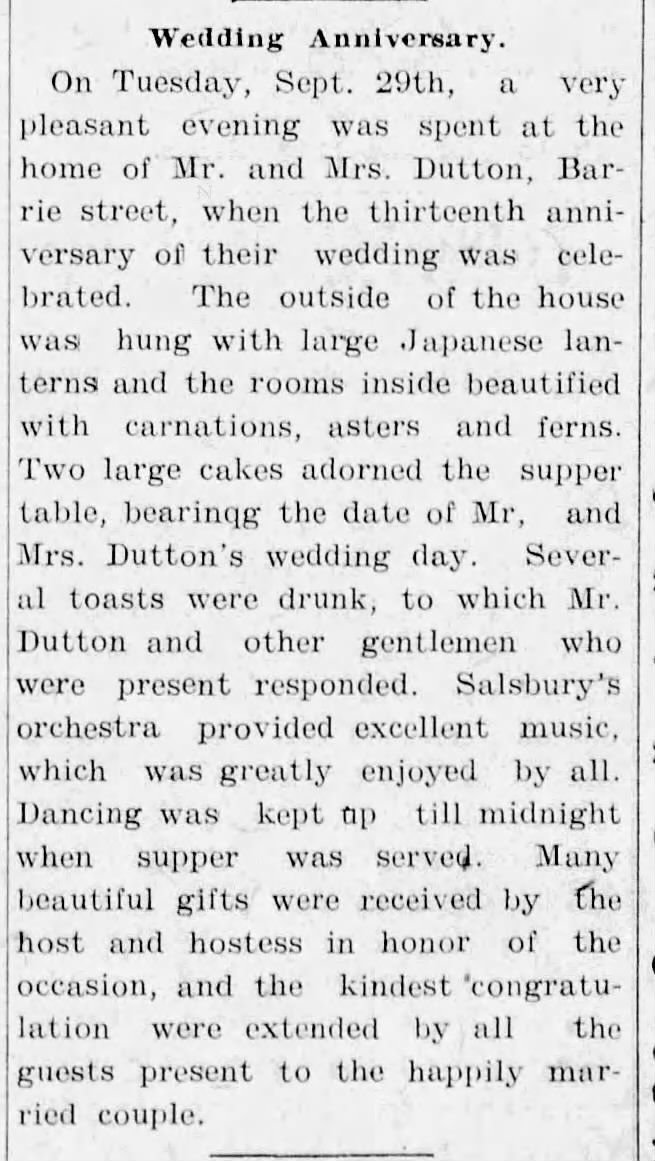 Wedding Anniversary Dutton (October 5, 1908)