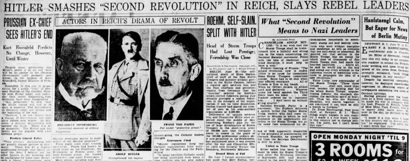 Hitler Smashes "Second Revolution" in Reich, Slays Rebel Leaders