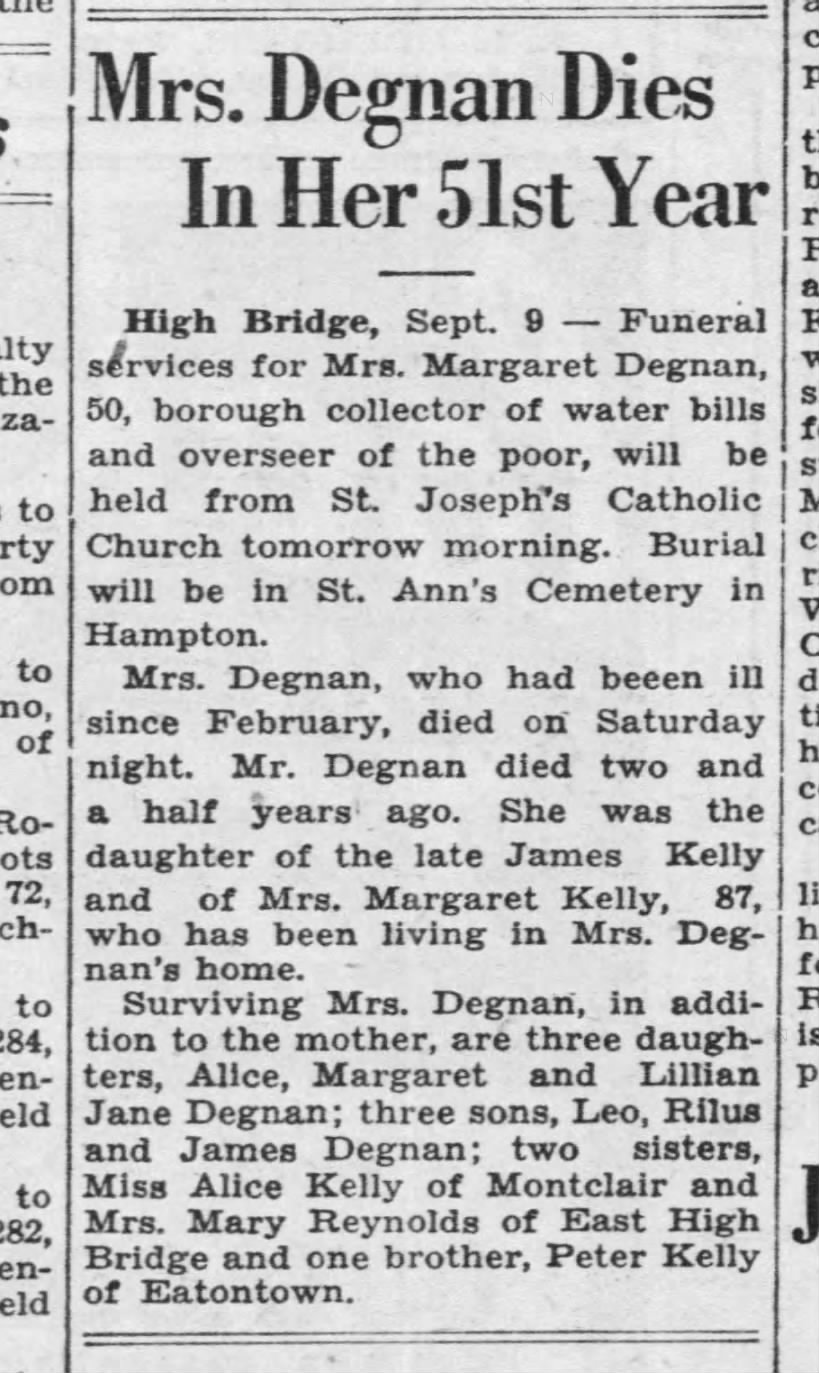 1930 - Margaret Kelly Degnan Obituary