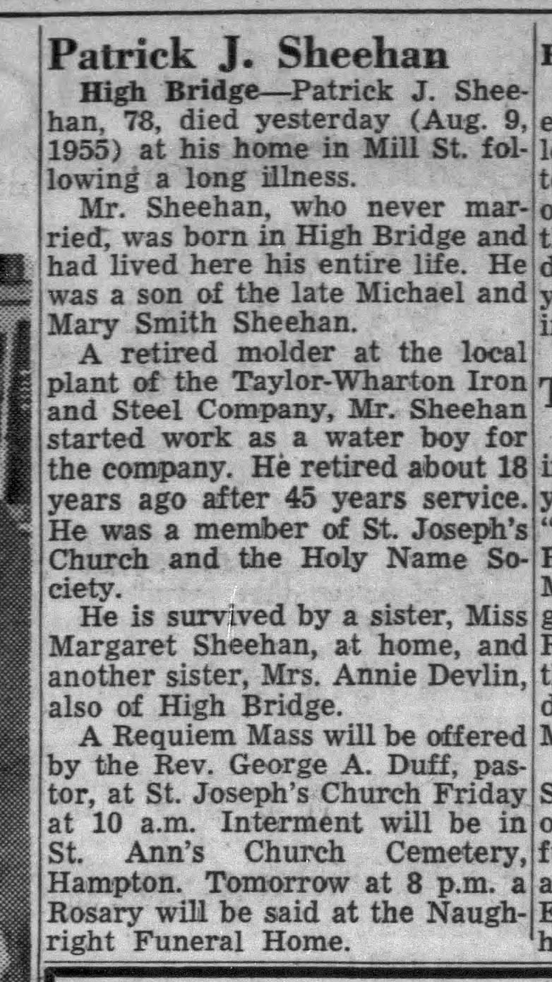 1955 - Patrick J Sheehan Obituary