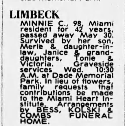 Minnie C. Limbeck obit Miami FL News Tue 6 1 1982