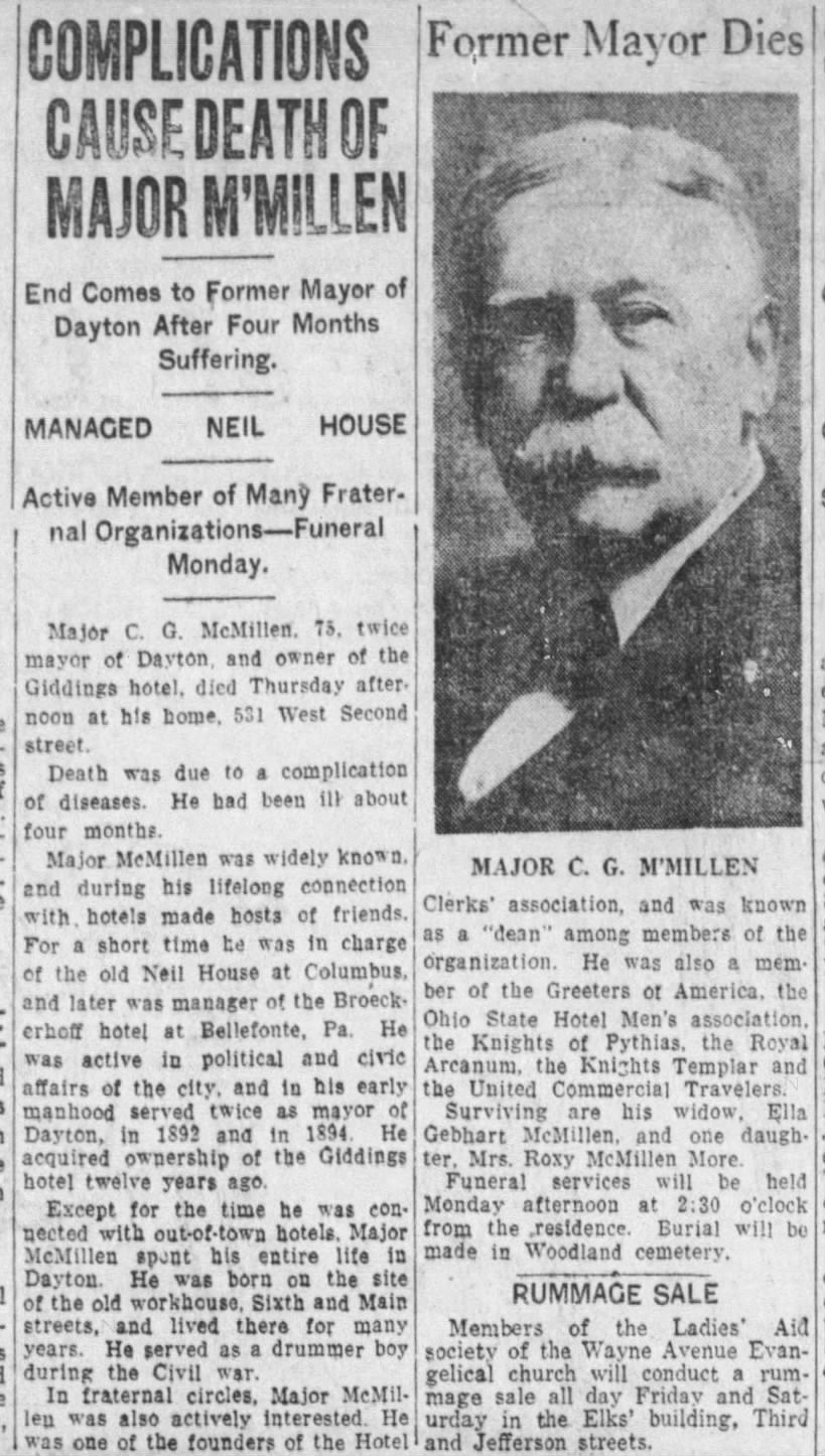 Ceralvo G McMillen obit Dayton OH Herald Fri 4 28 1922