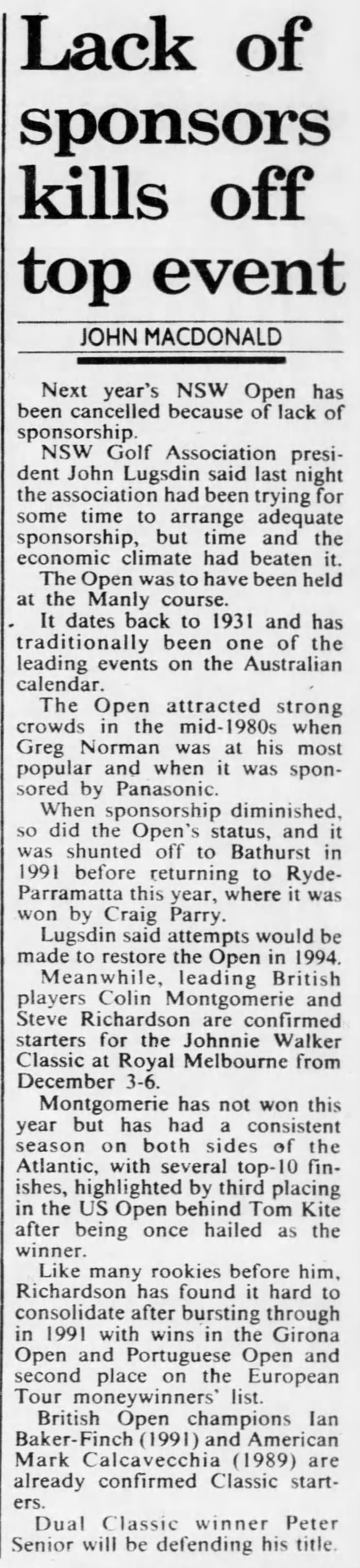 1993 NSW Open cancelled