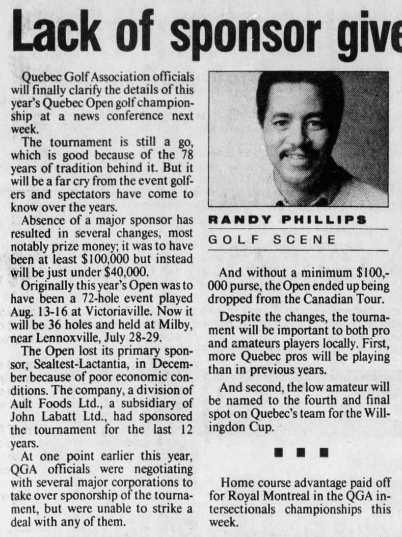 Lack of sponsor gives Quebec Open tourney a different look (1992)