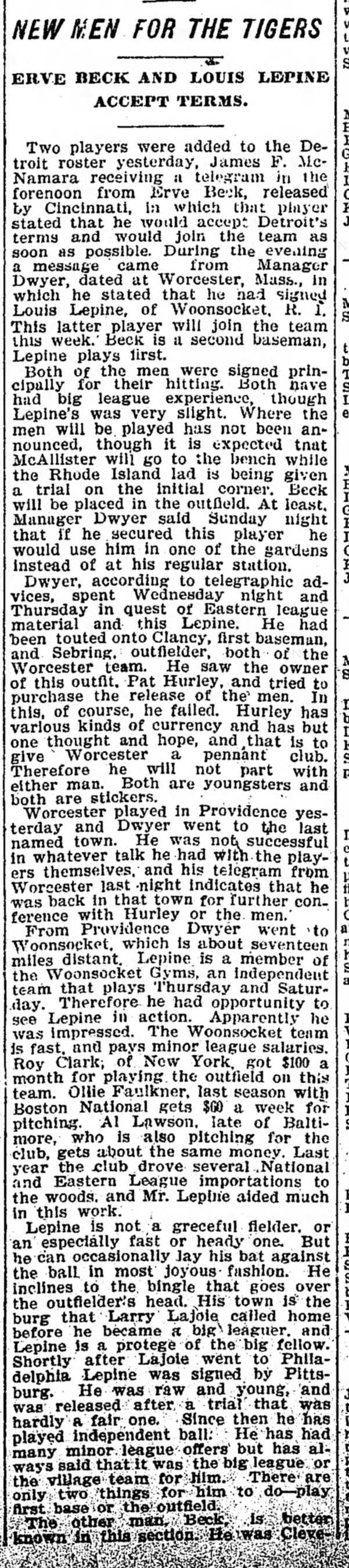 Fri 7/18/1902: Tigers sign LePine