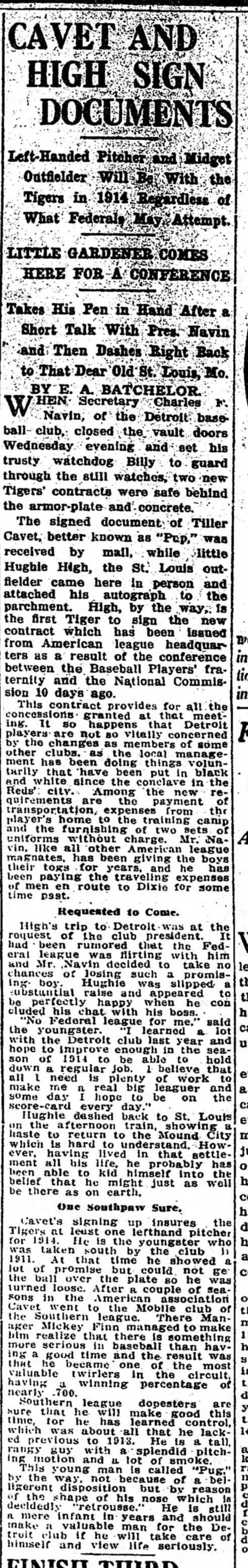Thurs 1/15/1914: Tigers sign Pug Cavet