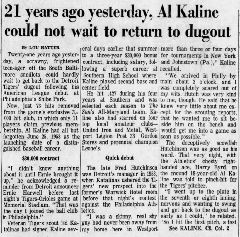 Wed 6/26/1974: Kaline reminisces about debut (pg 1 of 2)