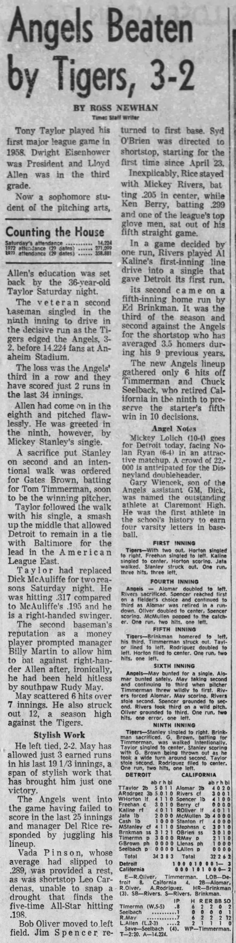 Sun 6/18/1972: Taylor GW hit vs Angels