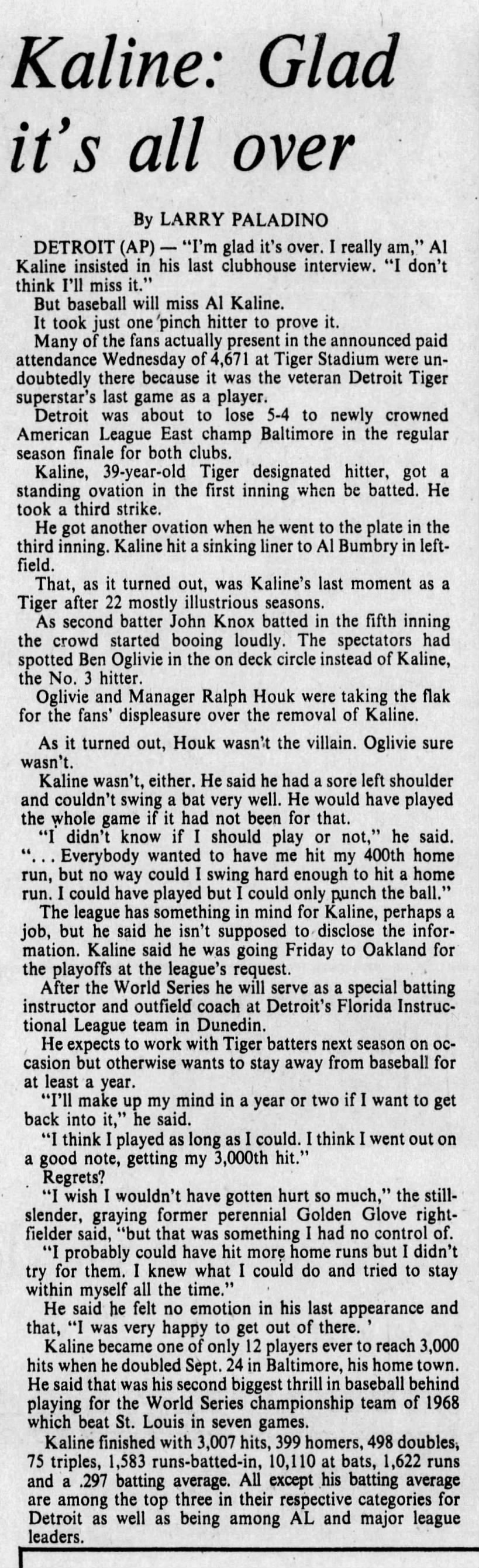 Thurs 10/3/1974: Kaline talks following final game