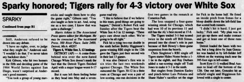 Mon 5/1/2000: Tigers 1st walk-off win at Comerica (Petoskey paper)