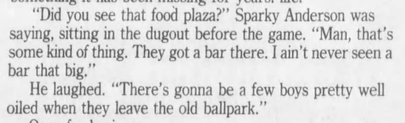 Wed 4/14/1993: Sparky reviews the new Tiger Plaza ('93 Home Opener)