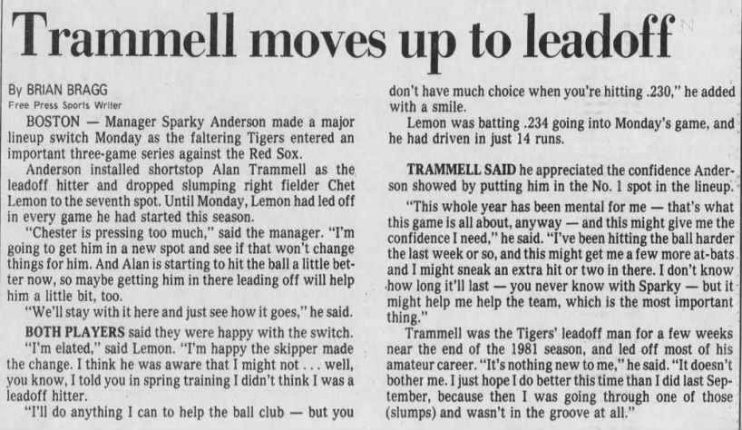 Tues 6/22/82: Lemon dropped from leadoff spot.