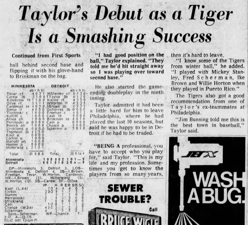 Mon 6/14/1971: Tony Taylor's Tiger debut (pg 2 of 2)