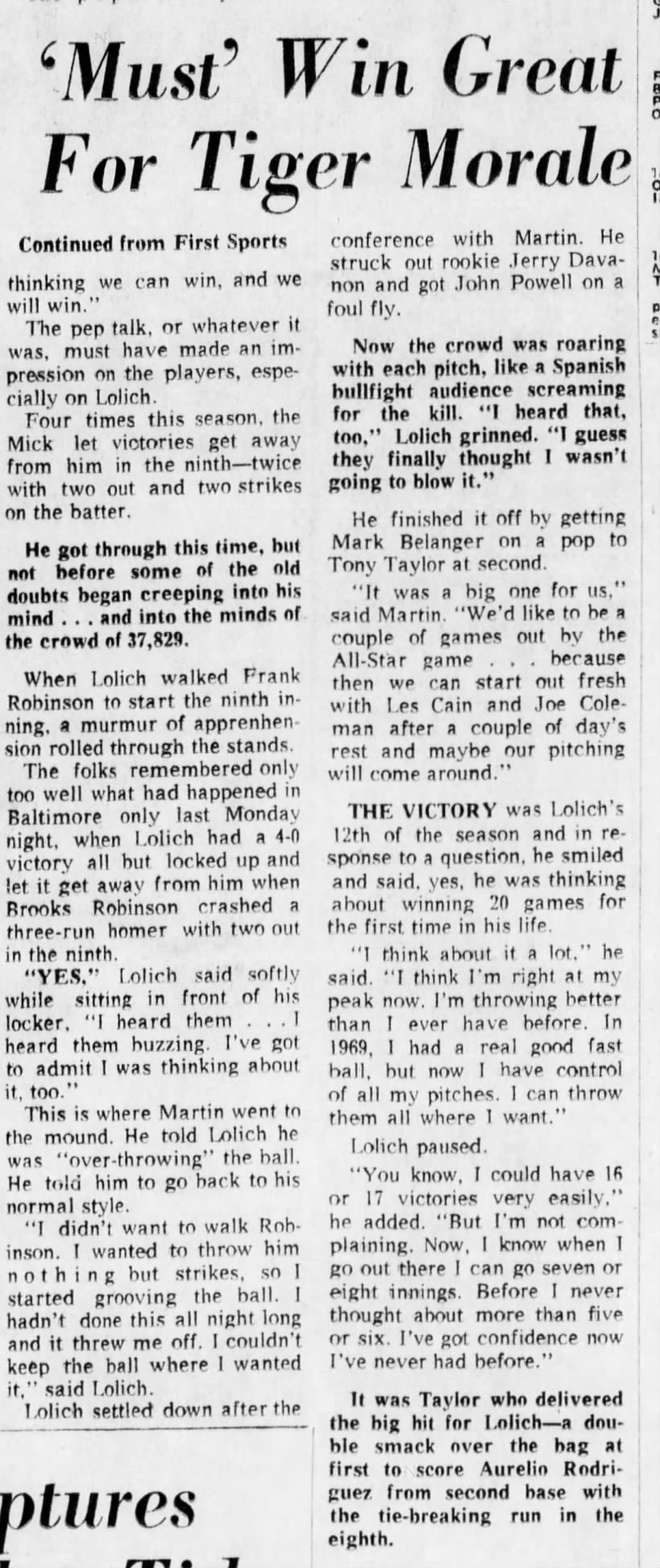 Sat 7/3/71: Lolich after win vs BAL