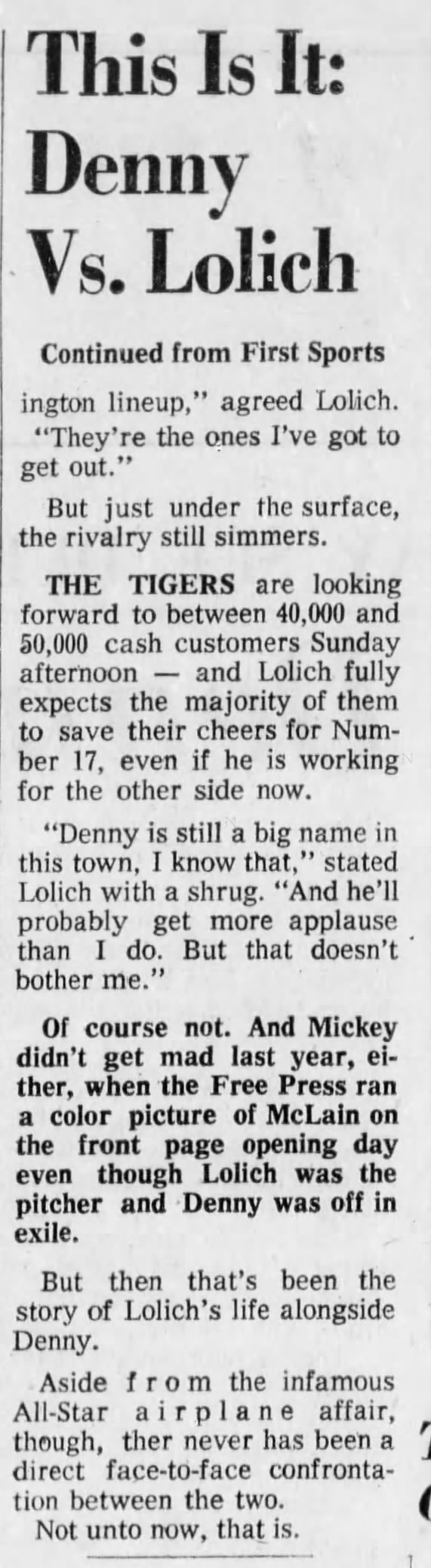Sun 5/23/71: Lolich vs McLain Freep pre-game coverage (pg 2 of 2)
