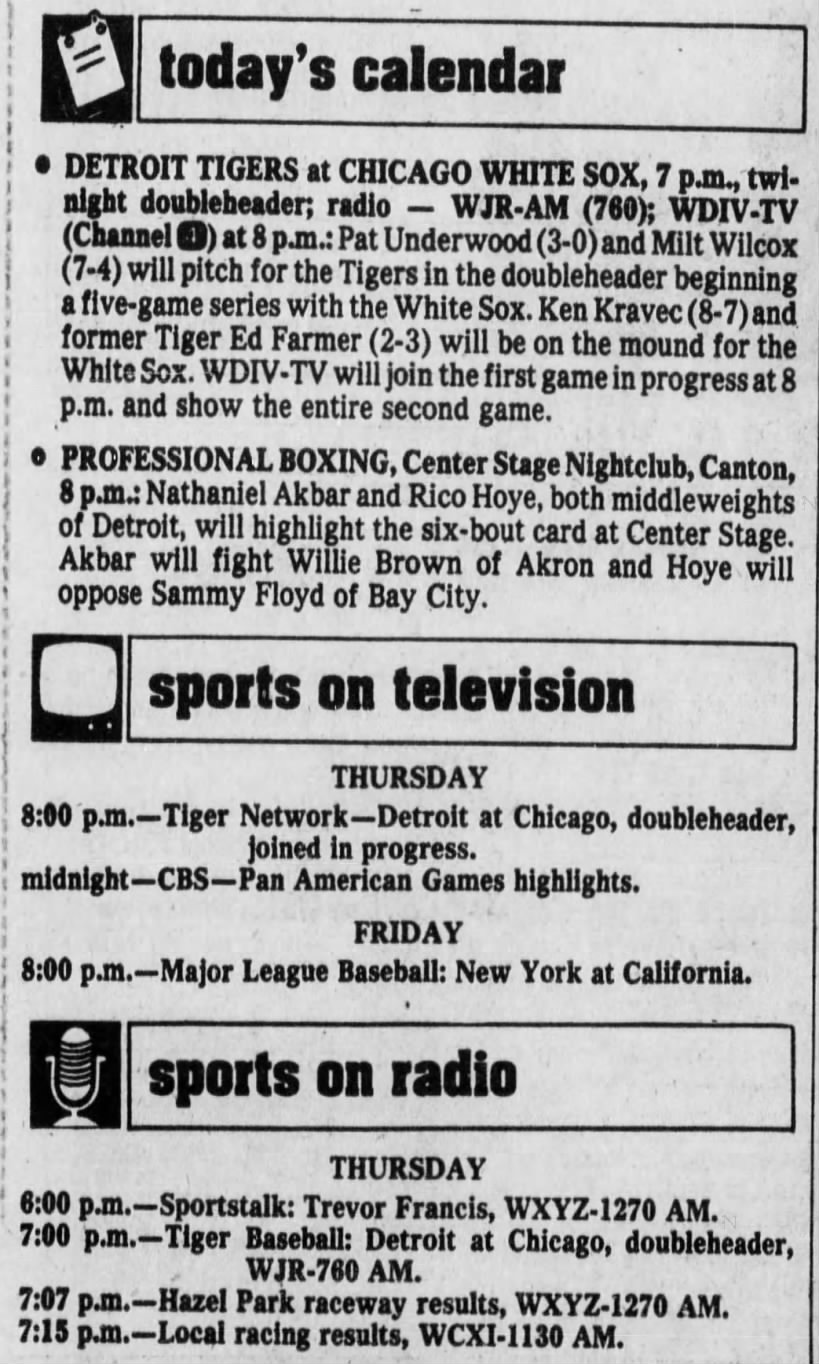 Thurs 7/12/79: Detroit sports TV/radio listings ("Disco Demo")