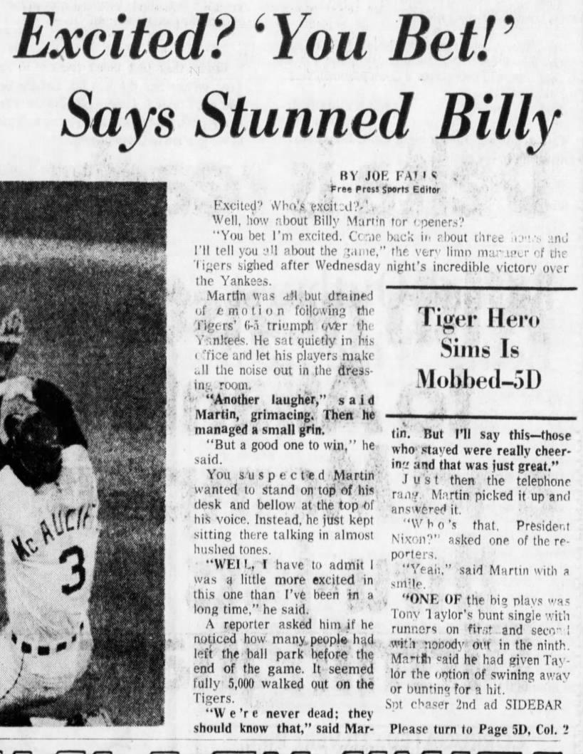 Thurs 9/28/1972: Tigers beat NYY (Martin quotes)