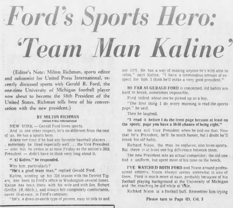 Fri 8/9/1974: Kaline and Gerald Ford