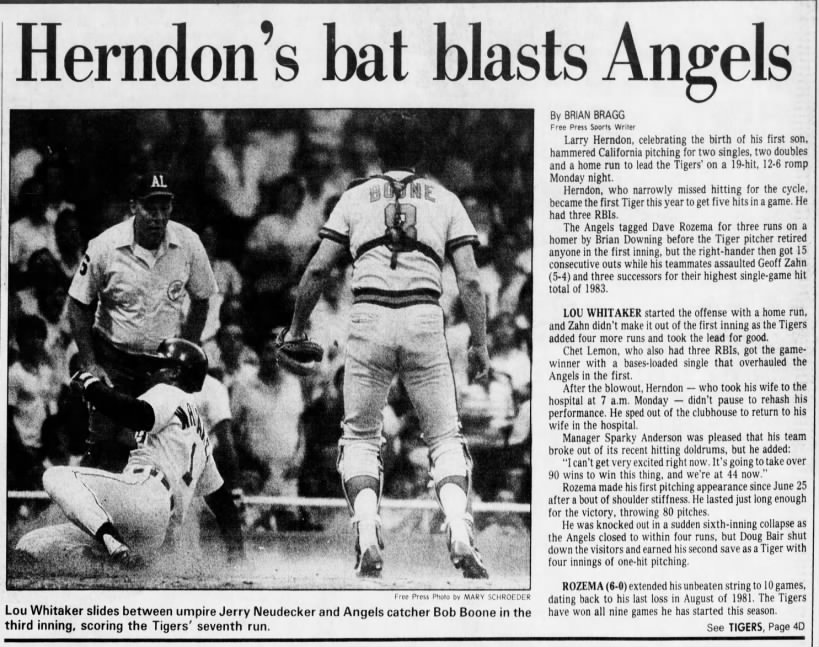 Tues 7/12/83: Herndon 5-hit game, birth of son (pg 1 of 2)